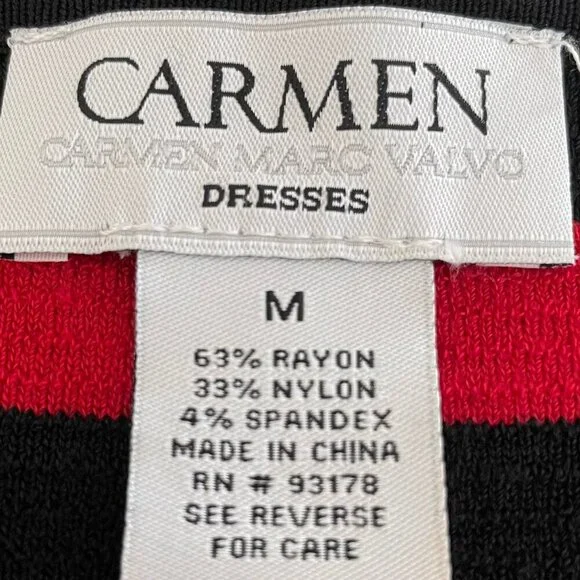 Carmen Marc Valvo Slvless Ribbed Rayon Nylon Knit Striped Dress Red Black Sz M - Picture 9 of 11